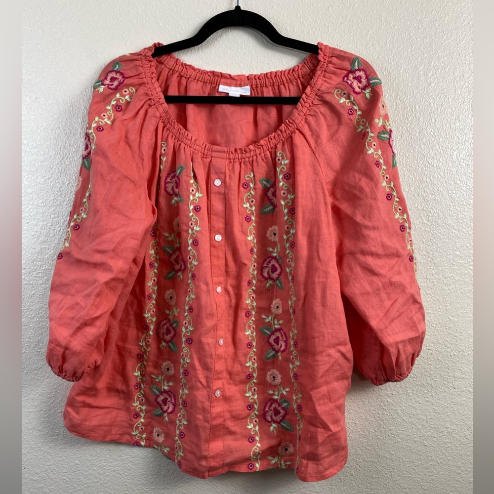Charter Club Coral Embroidered Peasant Blouse